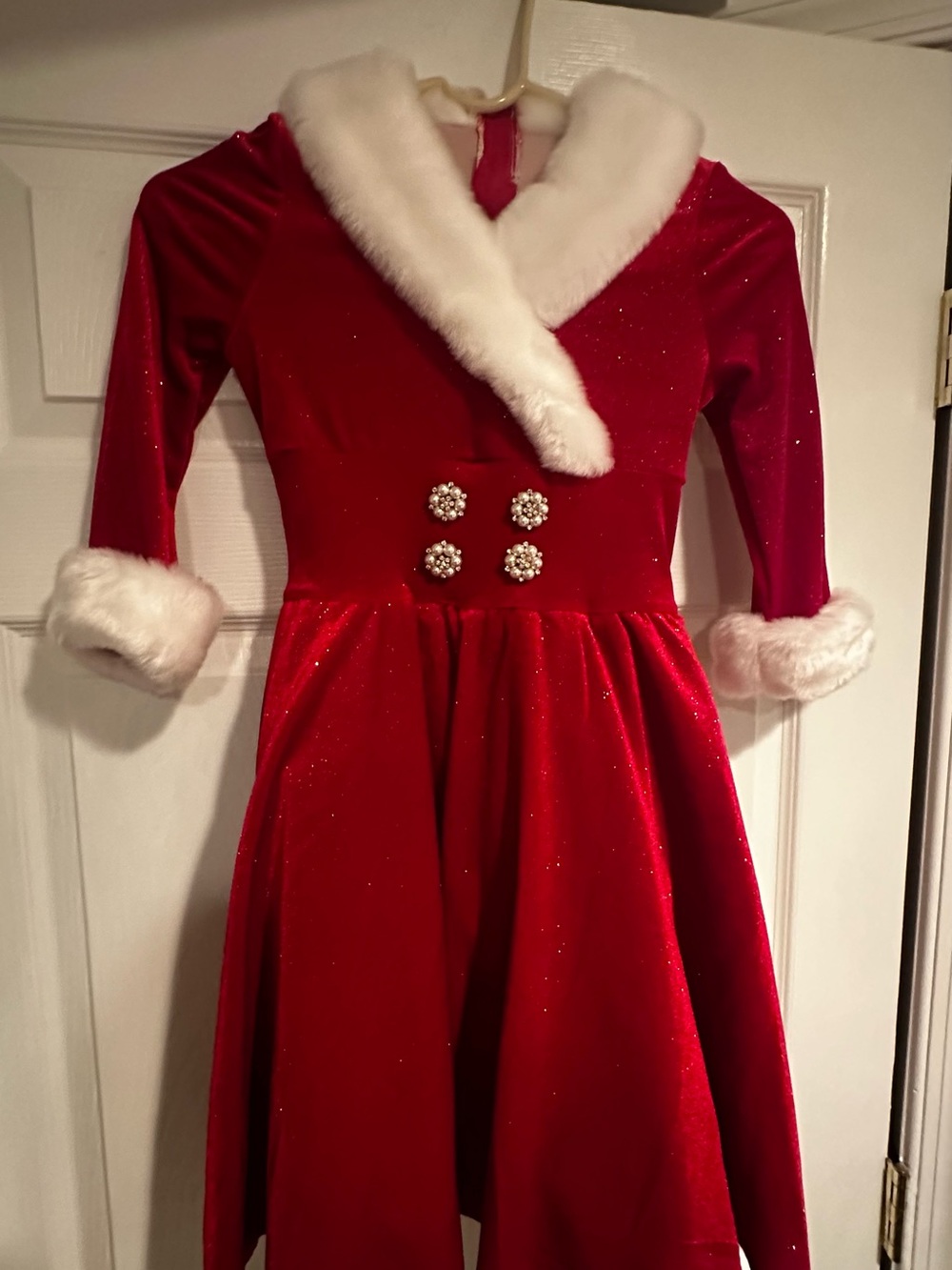 Weissman Shimmery Red Velvet Holiday costume with White Faux Fur Trim
